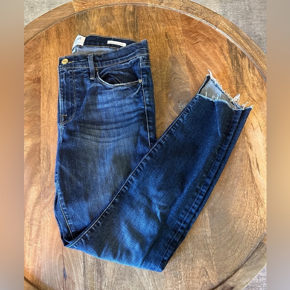 Frame Denim Womens Le Skinny De Jeanne High Rise Jeans Raw Hem Blue Size 29